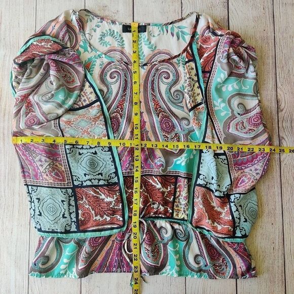 Karen Kane paisley boho 100% silk caftan blouse sz L - Picture 7 of 10